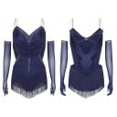 Dámske tanečné body s strapcami a kamienkami, nastaviteľné ramienka a rukavice, polyester nylon elastan, na latinu a vystúpenia 6