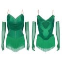 Dámske tanečné body s strapcami a kamienkami, nastaviteľné ramienka a rukavice, polyester nylon elastan, na latinu a vystúpenia 5