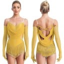 Dámske tanečné body s strapcami a kamienkami, nastaviteľné ramienka a rukavice, polyester nylon elastan, na latinu a vystúpenia 3