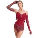 Dámske tanečné body s strapcami a kamienkami, nastaviteľné ramienka a rukavice, polyester nylon elastan, na latinu a vystúpenia 10