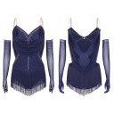 Dámské taneční body s třásněmi a kamínky, nastavitelná ramínka a rukavice, polyester nylon elastan, na latinu a vystoupení 6
