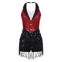 Dámské taneční šaty s flitry a třásněmi, vzhled vesty s límcem, halterový střih za krk, polyester elastan, na latinu a vystoupení 2