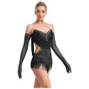 Dámské taneční šaty s třásněmi a kamínky na latinu, body s odhalenými zády a rukavicemi z polyesteru, nylonu a elastanu 7