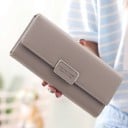 Damski długi portfel z klapą i metalową tabliczką Elegancki portfel z PU skóry z gładką powierzchnią i przeszytymi brzegami 19 x 9,5 cm 4