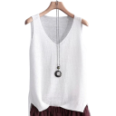 Damski dzianinowy top bez rękawów z dekoltem w serek Elegancki, przewiewny dzianinowy top bez rękawów o luźnym kroju Letni top do biura 3