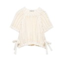 Damski pleciony sweter z krotkim rekawem Zawiązywanie na sznurki po bokach Jednokolorowy elegancki top z okrągłym dekoltem Poliester Rozne kolory 32