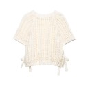 Damski pleciony sweter z krotkim rekawem Zawiązywanie na sznurki po bokach Jednokolorowy elegancki top z okrągłym dekoltem Poliester Rozne kolory 4