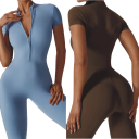 Damski sportowy kombinezon z krótkim rękawem Zamek w dekolcie Dopasowane legginsy Jednokolorowy Nylon Spandex Odzież fitness 3