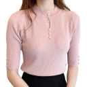 Damski sweter dziany z półrękawem i okrągłym dekoltem Delikatne wycięcie na piersi Jednokolorowy top z akrylu i bawełny Elegancki styl 15