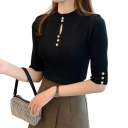 Damski sweter dziany z półrękawem i okrągłym dekoltem Delikatne wycięcie na piersi Jednokolorowy top z akrylu i bawełny Elegancki styl 10