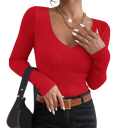 Damski sweter pleciony z bawełny i akrylu z dekoltem w serek Jednobarwny elegancki sweter z długim rękawem Uniwersalny rozmiar do codziennego noszenia 7