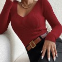Damski sweter pleciony z bawełny i akrylu z dekoltem w serek Jednobarwny elegancki sweter z długim rękawem Uniwersalny rozmiar do codziennego noszenia 14