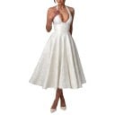 Damskie eleganckie midi sukienka z koronką i odkrytymi plecami z dekoltem w kształcie V i wiązaniem za szyją ze sznurowaniem na plecach 12