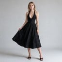 Damskie eleganckie midi sukienka z koronką i odkrytymi plecami z dekoltem w kształcie V i wiązaniem za szyją ze sznurowaniem na plecach 18