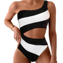 Damskie jednoczęściowe kostiumy kąpielowe na jednym ramieniu asymetryczne w paski poliester spandex nowoczesne letnie plażowe kostiumy kąpielowe do basenu 4