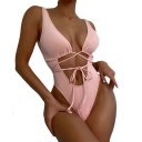 Damskie jednoczęściowe kostiumy kąpielowe Szerokie ramiączka Dekolt w kształcie V Zawiązywanie przy dekolcie Jednokolorowe Poliester Nylon Eleganckie letnie kostiumy kąpielowe 3