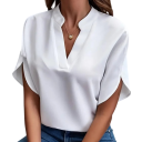 Damskjorta med krage V-ringning Kort ärm Enfärgad elegant skjorta i polyester lämplig för arbete 1
