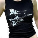 Damskt linne svart Rund halsringning Breda axelband Gitarrtryck Polyester spandex bekväm elastisk topp 2