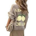 Dámský béžový pletený kardigan na knoflíky s motivem citronů a nápisem limoncello svetr z polyesteru s véčkovým výstřihem na podzim 2