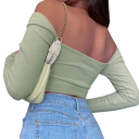 Dámsky crop top s dlhým rukávom Výstrih do V Výrez v tvare srdca Off-shoulder štýl Sexy top na leto Pružný rebrovaný materiál 2