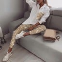 Dámský komplet bílá košile s flitrovou kapsou a zlaté flitrové kalhoty Volný střih košile Rovné kalhoty ke kotníkům Polyester 2
