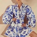 Dámský komplet košile a sukně s volánem Ornamentální potisk Košile s balonovými rukávy a vázáním Lemy se střapečky Polyester a bavlna 4