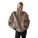 Dámský krátký oversize kabát s vysokým stojáčkem na knoflíky s bočními kapsami a širokými rukávy na podzim do města 8