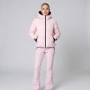 Dámský lyžařský set prošívaná bunda s kapucí a lyžařské kalhoty s rozšířenými nohavicemi růžový komplet na lyžování a zimní sporty 4