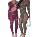 Dámský overal univerzální velikost Poloprůhledný model s kamínky Výstřih do O Dlouhý rukáv a dlouhé kalhoty Polyester Spandex 5