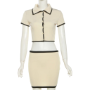 Dámský Set Crop Top s Límečkem a Mini Sukně Krátké Rukávy s Černým Lemováním Elastan a Polyester Béžová Barva Na Léto i Volný Čas 5