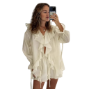 Dámský set halenka a kraťasy Halenka s volány a dlouhým rukávem Stahovací šňůrka v pase Polyester Dvoudílný letní komplet na běžné nošení 5
