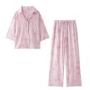 Dámský Set Propínací Triko s Límečkem a Dlouhé Široké Kalhoty Tříčtvrteční Rukávy Stahování v Pase Polyester Domácí Oblečení i Volný Čas 5