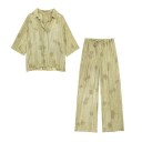 Dámský Set Propínací Triko s Límečkem a Dlouhé Široké Kalhoty Tříčtvrteční Rukávy Stahování v Pase Polyester Domácí Oblečení i Volný Čas 4