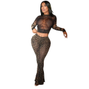 Dámský set Průsvitný síťovaný crop top a zvonové kalhoty Pružný materiál polyester a elastan Leopardí vzor Na párty a večerní vycházky 4