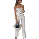 Dámský set top bez ramínek a kalhoty Elegantní střih z polyesteru Zapínání na knoflíky Dlouhé nohavice Volný čas i společenské příležitosti 3