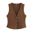 Dámský set vesta a kalhoty Vesta na knoflíky s výstřihem do V Široké kalhoty se stahovací šňůrkou Polyester Dvoudílný komplet na nošení 5