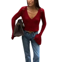 Damstickad kardigan med V-ringning Enfärgad tröja med knappar och utsvängda ärmar Elegant mode tröja Polyester och bomull 29