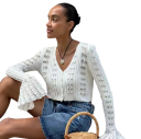 Damstickad kardigan med V-ringning Enfärgad tröja med knappar och utsvängda ärmar Elegant mode tröja Polyester och bomull 10