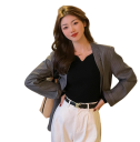 Damsvett med lång ärm och V-ringning Enfärgad elegant topp i bomull och polyester Bekväm universell tröja för vardagsbruk 5