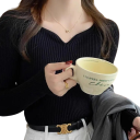 Damsvett med lång ärm och V-ringning Enfärgad elegant topp i bomull och polyester Bekväm universell tröja för vardagsbruk 17