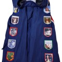 Dark Blue Racing Jacket with Patches on the Sleeves and a Red and White Stripe at the Front with a Zip-Up Stand Collar and Elastic Cuffs Unisex 7
