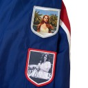 Dark Blue Racing Jacket with Patches on the Sleeves and a Red and White Stripe at the Front with a Zip-Up Stand Collar and Elastic Cuffs Unisex 9