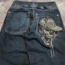 Dark Blue Vintage Baggy Jeans with Skull Embroidery Women's Wide-Leg High-Waisted Casual Loose Jeans in Street Style 2