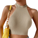 Débardeur Femme Beige Crop Top Taille Universelle Bretelles Larges Col Roulé Polyester Spandex 3