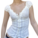 Débardeur Femme Blanc Uni avec Dentelle Boutonné Bretelles Larges Décolleté en V Matière Polyester Coton Top Élegant 2