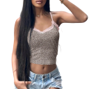 Débardeur femme motif léopard Décolleté rond avec nœud et dentelle Bretelles fines Polyester spandex top d'été élastique 3