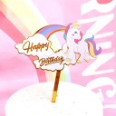 Decoração de bolo com unicórnio e arco-íris Onda rosa de festa infantil com a inscrição Happy Birthday na base dourada 2