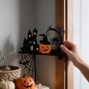 Decoração de canto para portas ou paredes de Halloween Castelo Assombrado e Abóbora com Chapéu 20 x 20 cm Preto e Laranja Decoração de Alisar 5