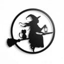 Decoração de Halloween para porta Bruxa com gato em vassoura no círculo 30 x 29 cm Silhueta 2D Plana Preta Placa decorativa Decoração de entrada 1