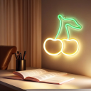 Decoração de parede LED neon 22,5 x 19,5 cm Cereja em estilo neon Decoração luminosa para parede alimentação USB ou 3x pilhas AA 3